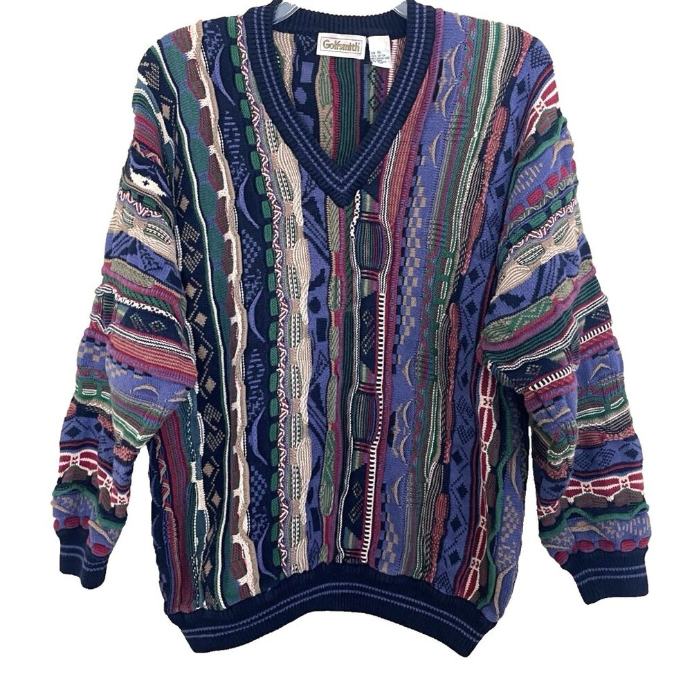 Golfsmith Pullover Sweater Men's XL 3D Knit V-Neck Coogi Style Vintage 90s Cosby